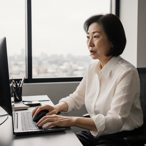40대 한국인 여성이 현대적인 사무실에서 자연스러운 외모를 드러내며 놀란 표정을 짓고 있는 반신 사진입니다. 그녀는 캐주얼한 블라우스와 편안한 바지를 입고, 다양한 사무용품이 놓인 책상에서 노트북 화면에 집중하며 손으로 마우스를 조작하고 있습니다. 생산적인 분위기를 강조하는 배경입니다.