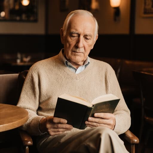 이 이미지는 70대의 차분한 노인이 편안한 니트 스웨터를 입고 따뜻한 조명으로 가득한 카페에서 책에 몰두하고 있는 모습을 담고 있습니다. 그의 평온한 표정과 편안한 자세는 카페의 평화로운 분위기를 강조하며, 관객이 이 고요한 독서의 순간을 공유하고 싶게 만듭니다.