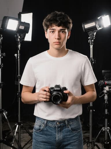 이 이미지는 캐주얼한 티셔츠와 청바지를 입은 혼혈 남성 10대 후반이 반신 샷으로 촬영된 모습입니다. 그는 사진 작업실에서 카메라를 들고 주위를 살피며 걱정스러운 표정을 짓고 있고, 사진 장비와 부드러운 조명으로 둘러싸인 전문적인 분위기를 만들어냅니다.
