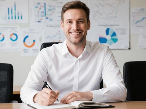 30대 백인 남성이 화이트 셔츠와 블랙 바지를 입고 회의실의 테이블 위에 놓인 노트에 메모를 하면서 행복한 표정을 짓고 있는 반신 사진. 배경에는 연구 차트와 그래프가 붙어 있어 전문적이고 열정적인 분위기를 드러냅니다.