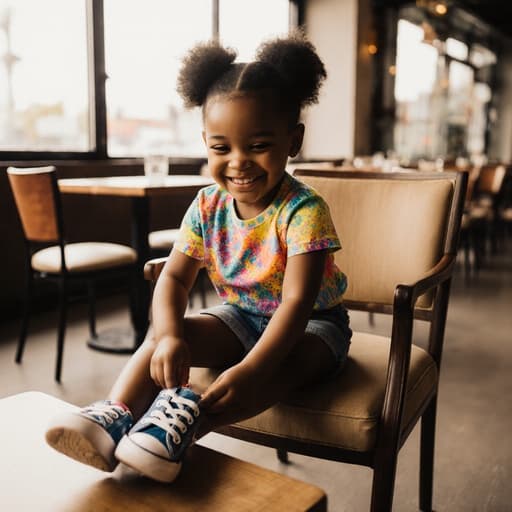 귀여운 외모의 3세 흑인 소녀가 아늑한 카페의 의자에 앉아 있습니다. 그녀는 화사한 색상의 티셔츠와 반바지를 입고 있으며, 신발을 신기 위해 발을 들어 올리고 있는 모습에서 즐거운 표정이 행복을 발산하고 있습니다. 배경은 테이블과 의자가 있는 매력적인 카페 내부로, 창가로 들어오는 부드러운 햇빛이 아늑한 분위기를 만들어냅니다.