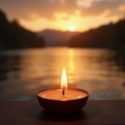 티라이트 캔들, 부드러운 깜빡이는 불꽃, 섬세한 왁스 질감, 중앙에 배치, 황금빛 노을이 지는 호수에서 빛나며, 따뜻한 금빛이 물에 반사되고, 배경에 잔잔한 물결, 평화로운 분위기.