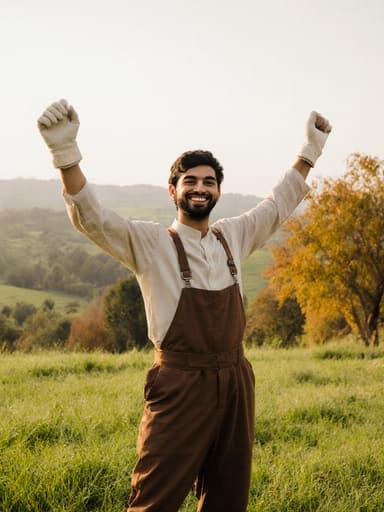 전통적인 농부 복장을 입고 면 장갑을 착용한 20대 중동계 남성이 자연스러운 미소를 지으며 팔을 벌리고 춤을 추는 듯한 자세로 서 있는 모습의 전체적인 사진, 배경은 푸른 잔디와 나무들이 있는 평화로운 농촌 풍경입니다.