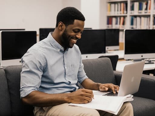 30대 아프리카계 남성이 컴퓨터실의 소파에 앉아 노트북을 사용하며 연구 계획을 작성하고 있습니다. 그는 캐주얼한 옷을 입고 있으며, 배경에는 여러 대의 컴퓨터와 책장이 있어 따뜻하고 초대하는 분위기를 만들어냅니다.