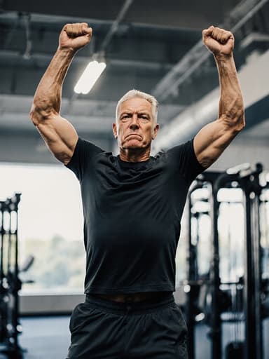 건강한 체격을 가진 40대 백인 남성이 운동복을 입고 밝은 체육관에서 팔을 위로 뻗으며 점프하는 모습, 약간 힘든 표정을 짓고 있는 전신 사진.