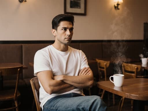 30대 혼혈 남성이 아늑한 카페에 앉아 팔짱을 끼고, 편안한 티셔츠와 청바지를 입고 차가운 표정을 지으며 누군가를 바라보는 반신 사진입니다. 배경에는 카페 테이블과 커피잔이 있어 따뜻하면서도 진지한 분위기를 연출합니다.
