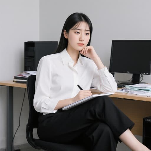 깔끔한 사무실 환경에서 교차된 다리로 앉아 있는 10대 후반의 한국인 여성 모델이 흰색 블라우스와 검정색 슬랙스를 입고 있습니다. 그녀는 한 손에 노트를 들고 다른 손으로 턱을 괸 자세로, 발표에 대한 불안감을 드러내는 긴장한 표정을 지어 보입니다. 배경은 정리된 책상과 컴퓨터가 있는 사무실로, 전문적인 압박감을 더욱 강조합니다.