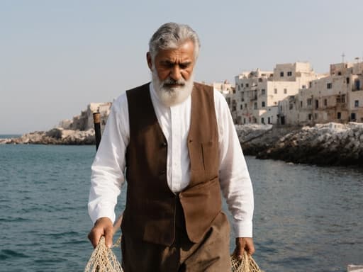 50대 중동계 남성이 전통적인 흰색 셔츠와 갈색 조끼를 입고 바다의 어촌을 걷고 있으며, 어업 도구를 들고 고민하는 표정을 짓고 있는 모습의 반신 사진.