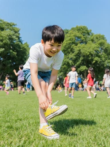 생기 있는 7세 한국 남자아이가 맑은 하늘 아래 푸른 잔디와 놀고 있는 아이들이 있는 공원에서 밝은 운동화를 신으며 환하게 웃고 있습니다.