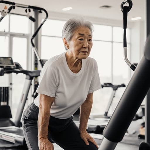 60대 아시아계 여성이 잘 조명된 피트니스 스튜디오에서 편안한 트레이닝 팬츠와 티셔츠를 입고 서 있습니다. 그녀는 자연스러운 외모를 가지고 있으며, 운동 기구를 기다리는 자세로 손을 허리에 얹고 약간 피곤한 표정을 지으며, 피트니스 활동에 참여할 준비를 하고 있는 느낌을 전달합니다.