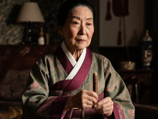 70대의 혼혈 여성이 다채로운 전통 한복을 입고, 손에 전통 놀이 도구를 들고 무관심한 표정을 짓고 있는 반신 사진. 배경은 전통적인 스타일로 꾸며진 아늑한 거실로, 따뜻하고 초대하는 분위기를 만들어냅니다.