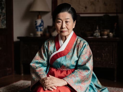 70대 동양인 여성이 아늑한 거실 바닥에 앉아 무릎을 감싸고 있습니다. 그녀는 자연스러운 외모와 지루한 표정을 지니고 있으며, 전통적인 소품으로 꾸며진 공간이 따뜻한 분위기를 더합니다.