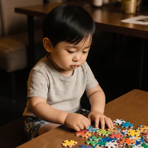 아늑한 카페에서 바닥에 앉아 퍼즐 조각을 만지작거리며 지루한 표정을 짓고 있는 1세 남자 아시아계 어린이의 반신 사진. 편안한 티셔츠와 반바지를 입고, 따뜻한 카페 분위기가 장면에 매력을 더합니다.