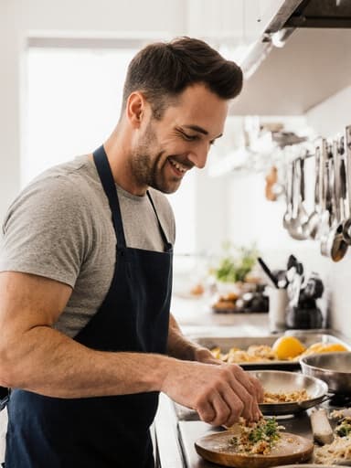 30대 백인 남성이 편안한 티셔츠와 앞치마를 착용하고, 밝고 현대적인 주방에서 다양한 주방 기구와 신선한 식재료로 재료를 즐겁게 다듬고 있는 반신 촬영입니다. 그의 표정은 자유롭고 즐거움을 표현하며 요리의 기쁨을 강조합니다.