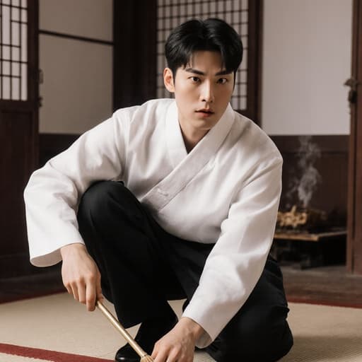 전통 한의사 의상을 입은 20대 유럽계 남성이 아늑한 한의원에서 바닥을 쓸며 체질 분석 도구를 들고 당황한 표정을 짓고 있습니다. 뜸실의 따뜻한 장식이 아늑한 분위기를 더합니다.