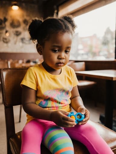 아기자기한 색상의 티셔츠와 레깅스를 착용한 3세 흑인 여아가 아늑한 카페에서 앉아, 다리를 쭉 뻗고 작은 장난감을 가지고 놀며 지루한 표정을 짓고 있는 모습, 따뜻한 햇살이 비추고 있는 환경.