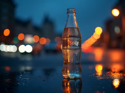 맑은 플라스틱 탄산음료 페트병의 클로즈업, 결로가 맺혀 있고, 반사 표면에 놓여 있으며, 밤에 도시 불빛의 부드러운 빛으로 조명된 장면, 배경에 있는 보케 효과, 활기차고, 생동감 있으며, 도시적인 느낌