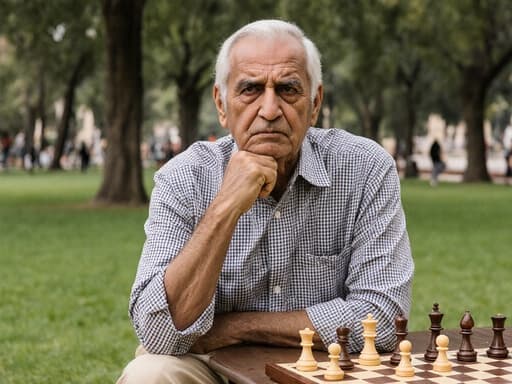 70대 중동계 남성이 주름진 얼굴과 흰 머리를 가진 채 공원에서 체스판을 깊은 생각에 잠긴 모습으로 바라보고 있습니다. 그는 편안한 체크무늬 셔츠와 베이지색 바지를 입고 있으며, 손으로 턱을 괴고 있습니다. 평화로운 공원 배경에는 푸른 잔디와 나무가 있고, 멀리 사람들이 산책하고 있어 고요하지만 내성적인 분위기를 자아냅니다.