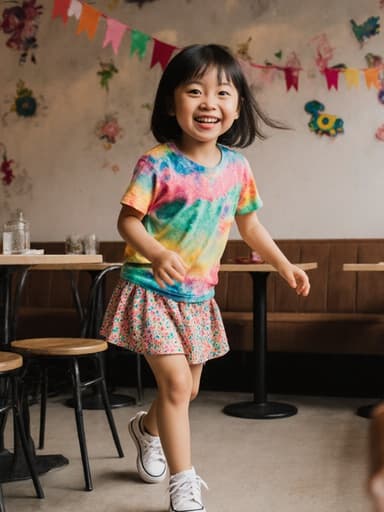 7세 동양인 여성의 전신 사진으로, 귀여운 외모를 가진 그녀가 화려한 티셔츠와 스커트를 입고, 아기자기한 장식으로 꾸며진 아늑한 카페에서 즐겁게 미소 지으며 춤추듯이 놀고 있는 모습입니다.