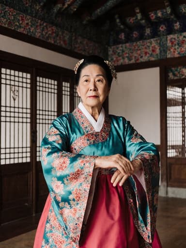 이 이미지는 전통 한복을 입고 있는 80세 한국인 여성이 무관심한 표정으로 전통 음악에 맞춰 우아하게 춤추는 모습을 보여줍니다. 배경은 아름답게 장식된 한옥 내부로, 순간의 문화적 본질을 강조합니다.