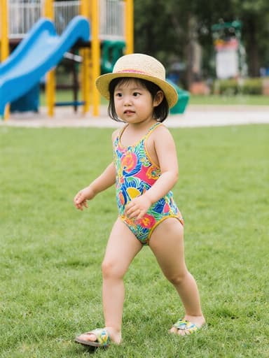 이 이미지는 밝은 수영복과 여름 모자를 착용한 7세 한국인 소녀가 약간 찡그린 표정으로 배고픔을 드러내며 물놀이 시설을 향해 장난스럽게 걷고 있는 모습을 담고 있습니다. 푸른 잔디와 물놀이 시설이 어우러져 아이들에게 매력적인 분위기를 만들어냅니다.