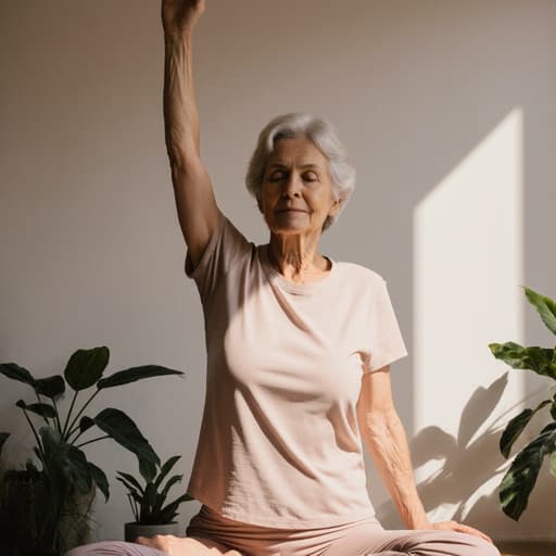 60대 유럽계 여성이 편안한 요가복을 입고 조용한 명상 공간에서 스트레칭 자세를 취하고 있는 모습의 반신 샷, 부드러운 조명과 식물들이 어우러져 평화롭고 고요한 분위기를 발산합니다.