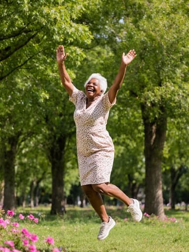 70대 흑인 여성의 전신 사진으로, 편안한 원피스와 운동화를 착용하고 있습니다. 그녀는 평온한 미소와 행복한 표정을 지으며 손을 위로 뻗으며 점프하고 있습니다. 배경은 푸른 나무와 다채로운 꽃이 가득한 활기찬 공원으로, 자연과의 즐거운 상호작용을 강조하는 생동감 넘치는 장면을 만들어냅니다.
