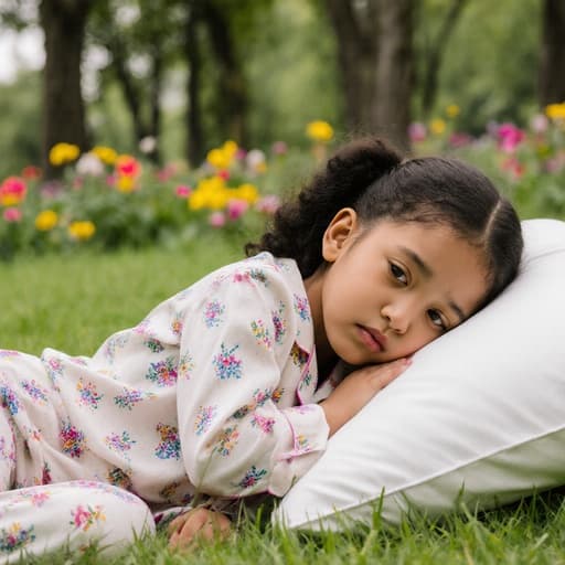 편안한 잠옷을 입고 베개에 기대고 있는 7세 혼혈 소녀의 반신 사진, 지루한 표정을 지으며, 푸른 잔디와 꽃들이 있는 평화로운 공원에서 촬영되었습니다.