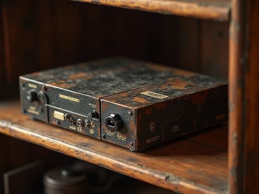 따뜻하고 향수를 불러일으키는 앤티크 숍의 나무 진열대에 있는 빈티지 게임 콘솔, 부드러운 그림자와 자연광.