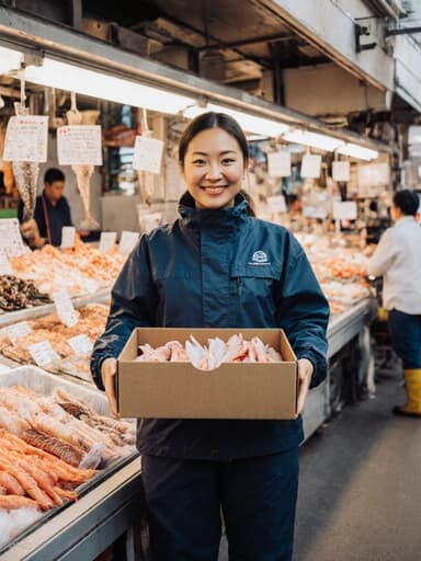 30대 동양인 여성이 자연스러운 외모로 따뜻한 미소를 지으며 수산물 시장에 서 있는 반신 샷입니다. 방수 재킷과 장화를 입고 있으며, 수산물 상자를 들고 있고, 다양한 신선한 해산물로 가득한 활기찬 시장 분위기를 강조합니다.