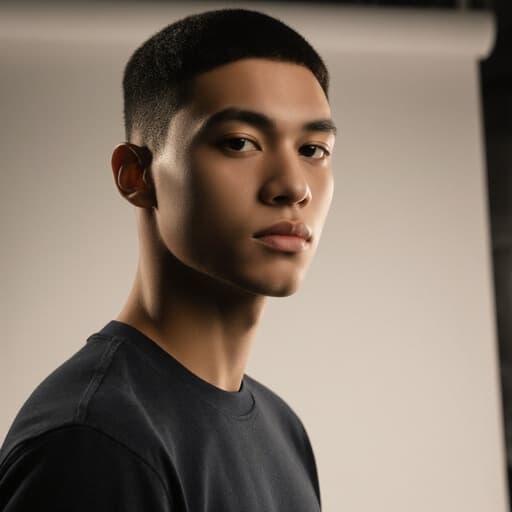 사진 스튜디오의 부드러운 조명 아래에서 카메라를 바라보며 고민하는 표정을 짓고 있는 10대 후반 혼혈 남성의 반신 사진입니다.