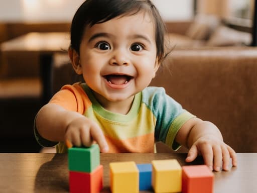 밝은 색상의 티셔츠와 반바지를 착용한 1세 남자 아기가 배고픈 표정을 지으며 눈을 크게 뜬 모습의 클로즈업 샷입니다. 아기는 아늑한 카페 테이블 위에 놓인 다채로운 블록을 손으로 가리키며 인사하는 자세를 취하고 있습니다. 배경은 부드러운 조명이 비추는 따뜻하고 아늑한 카페의 내부를 보여주며, 생동감 있고 편안한 분위기를 만들어냅니다.