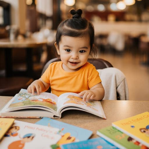 밝은 색상의 티셔츠와 편안한 팬츠를 입은 즐거운 표정의 1세 라틴계 여성 아기가 아늑한 카페에서 그림책을 읽으며 앉아 있는 반신 사진. 배경에는 테이블 위에 여러 권의 그림책이 놓여 있어 그녀의 호기심을 강조하는 따뜻한 분위기가 연출되어 있습니다.