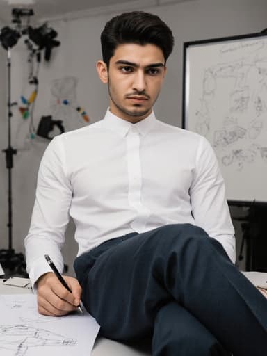 깔끔한 흰색 셔츠와 어두운 바지를 입은 20대 중동계 남성이 현대적인 디자인 스튜디오에서 반신샷으로 포착되었습니다. 그는 짧은 머리와 날카로운 이목구비를 가지고 있으며, 펜을 쥔 채 디자인 아이디어를 스케치하면서 집중한 찡그린 표정을 짓고 있습니다. 배경에는 화이트 보드와 다양한 디자인 도구들이 있어 창의적인 분위기를 더하고 있습니다.