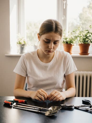10대 초반의 백인 소녀가 테이블에 앉아 정원 도구를 만지작거리고 있습니다. 편안한 티셔츠와 청바지를 입고 있으며, 자연스러운 포즈와 약간 피곤한 표정을 짓고 있습니다. 햇살이 잘 들어오는 밝은 거실에는 창가에 식물들이 배치되어 있어 정원 정리의 주제를 강조하고 있습니다.