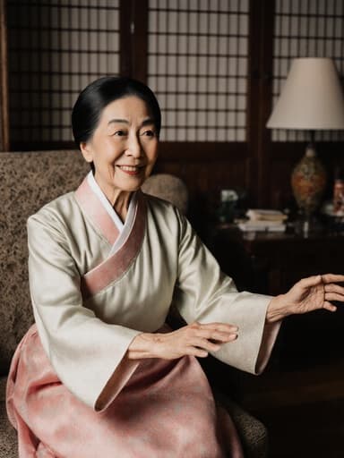 70대 한국인 여성이 전통 한복을 입고 아늑한 거실에 편안하게 앉아 있습니다. 만족스러운 표정을 짓고 있으며, 전통 춤의 동작을 설명하고 있어 문화의 풍부함과 따뜻함을 나타내고 있습니다.