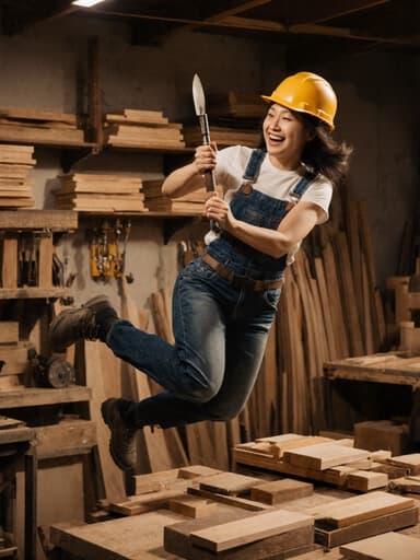 30대 동양인 여성의 전신 샷으로, 작업복과 안전모를 착용하고 즐겁게 점프하며 목공 도구를 흔드는 모습이 따뜻한 조명 아래 정리된 목재와 도구로 가득한 작업실에서 표현되고 있습니다.