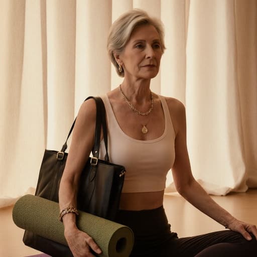 50대 유럽계 여성이 편안한 요가복과 고급스러운 액세서리를 착용하고 아늑한 명상 공간에서 포즈를 취하고 있습니다. 그녀는 요가 매트를 들고 멋진 가방을 메고 있으며, 부드러운 조명 속에서 차분한 표정으로 고급스러움과 평온함을 전달합니다.