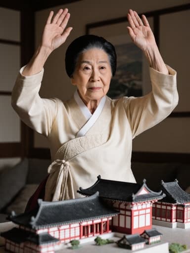 이 이미지는 80대 동양인 여성이 아름다운 한복을 입고 스트레칭하며 전통 한국 건축 모형을 바라보는 모습을 담고 있습니다. 걱정스러운 표정이 장면에 깊이를 더해주며, 그녀의 문화유산과의 연관성을 반영하고 있습니다.
