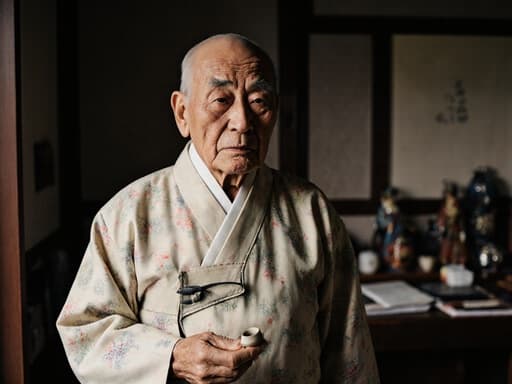 전통 한복을 입고 천천히 걷고 있는 80대 아시아 남성의 반신 사진, 작은 전통 도자기를 손에 들고 있으며 전통 한국 장식이 있는 아늑한 거실에서 지혜와 문화 유산을 반영하고 있습니다.