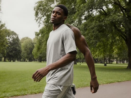 젊은 아프리카계 남성 모델이 운동복을 입고 푸른 나무와 잔디로 둘러싸인 평화로운 공원을 걷고 있습니다. 그는 걱정스러운 표정을 지으며 균형을 잡기 위해 한쪽 팔을 살짝 들어 올리고 있어, 고요한 환경 속에서 그의 감정을 자연스럽고 솔직하게 포착한 순간입니다.