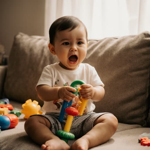 아늑한 소파에 앉아 있는 1세 혼혈 아기의 반신 샷. 귀여운 티셔츠와 반바지를 입고 있으며, 입을 벌리고 배고픈 표정을 지으며 다채로운 장난감을 손에 쥐고 있고, 햇빛이 비치는 거실에서 장난감이 흩어져 있는 모습.