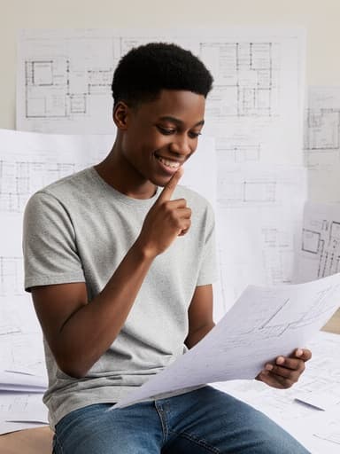 편안한 티셔츠와 청바지를 입고 있는 10대 초반의 흑인 남성이 건축 도면실에서 행복한 표정을 지으며 건축 도면을 살펴보고 있습니다. 그의 손가락은 특정 세부 사항을 가리키며, 이 프로젝트에 대한 열정을 반영하고 있습니다. 다양한 디자인과 도면이 가득한 배경은 창의력을 자극하는 분위기를 만들어냅니다.