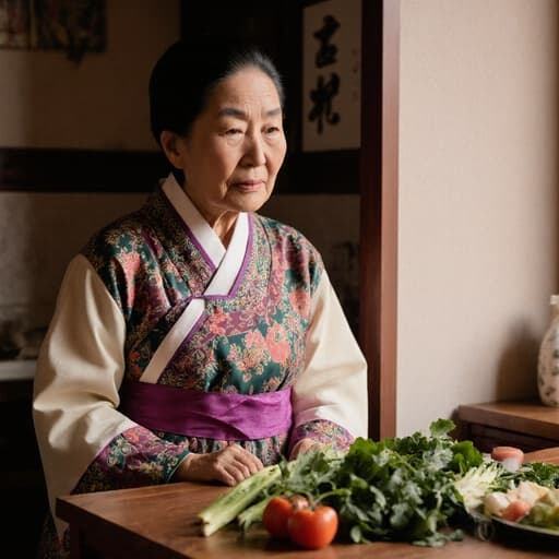 70대 자연스러운 외모의 아시아계 여성이 전통 한복을 입고 따뜻한 주방에서 식탁 위의 재료를 지루한 표정으로 바라보고 있는 반신 샷. 전통 음식 준비의 아늑한 분위기 속에 있습니다.