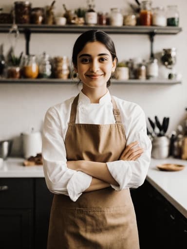 중동계 10대 후반의 여성이 밝고 아늑한 식당 주방에서 팔짱을 끼고 서 있는 반신 사진입니다. 아름다운 앞치마를 입고 자연스러운 외모로 친근하게 미소짓고 있으며, 조리 도구와 재료들이 정리된 주방이 배경입니다.