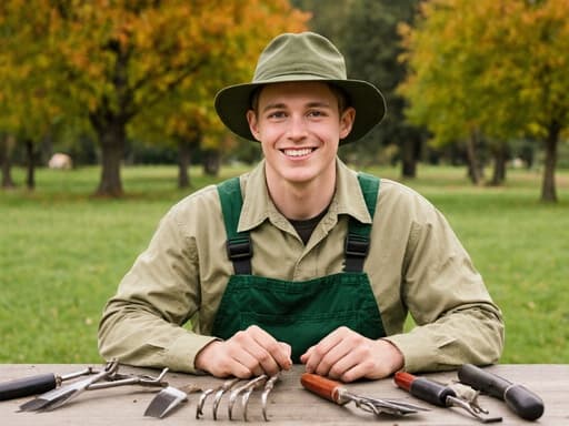 친환경 농업 작업복을 입은 20대 유럽계 남성 모델이 공원 풍경의 푸른 잔디와 나무들 사이에서 농업 도구를 손에 들고 행복한 표정을 짓고 있는 모습입니다.