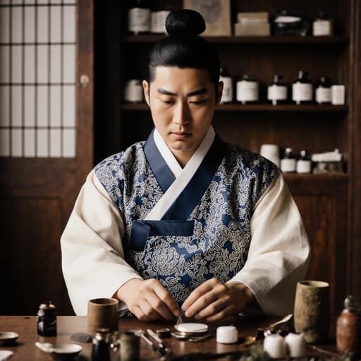 30대 혼혈 남성이 전통 한복 상의를 입고 한의학 도구를 정리하며 생각에 잠긴 모습입니다. 따뜻한 조명과 나무 요소가 어우러져 한국 전통의 정수를 반영하는 평화로운 분위기를 자아냅니다.