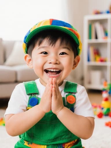 귀여운 3세 동양인 남성이 화려한 유치원 옷과 모자를 입고, 두 손을 모아 인사하는 자세로 즐거운 미소를 지으며 반신 촬영되었습니다. 배경은 장난감과 책들이 놓인 밝고 아늑한 거실입니다.