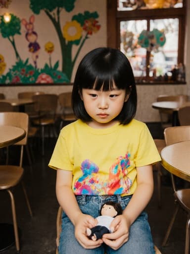 7세 아시아계 여성 어린이가 아늑한 카페에서 인형을 손에 들고 앉아 있습니다. 그녀는 지루한 표정으로 인형을 바라보며, 밝은 색상의 티셔츠와 편안한 청바지를 입고 있습니다. 카페는 아기자기한 인테리어와 여러 개의 테이블이 배치되어 있어 장면을 보완하는 따뜻한 분위기를 만들어냅니다.