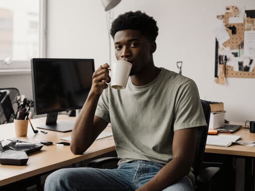 자신감 넘치는 10대 초반의 흑인 남성이 캐주얼한 티셔츠와 청바지를 입고, 디자인 도구와 컴퓨터가 놓인 현대적인 사무실에서 여유롭게 커피를 마시는 모습.